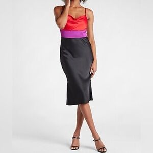 NWT Express Satin Cowl Neck Midi Slip Dress Color Block Women’s Size XS
